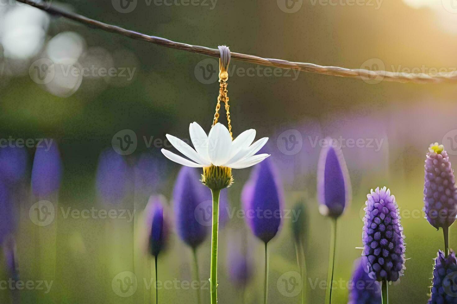 a white flower is hanging from a wire. AI-Generated photo