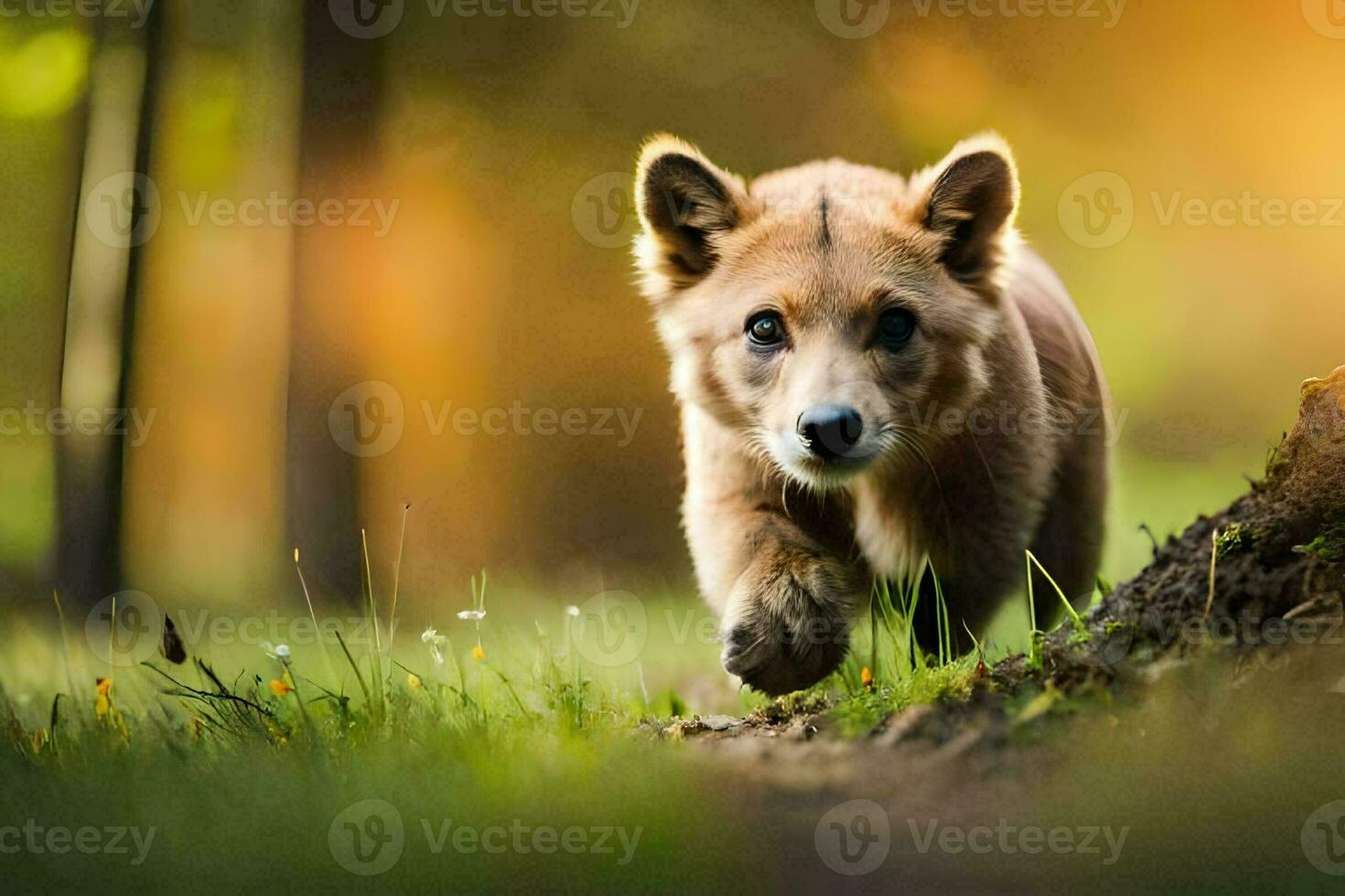 a baby wolf is running through the woods. AI-Generated photo