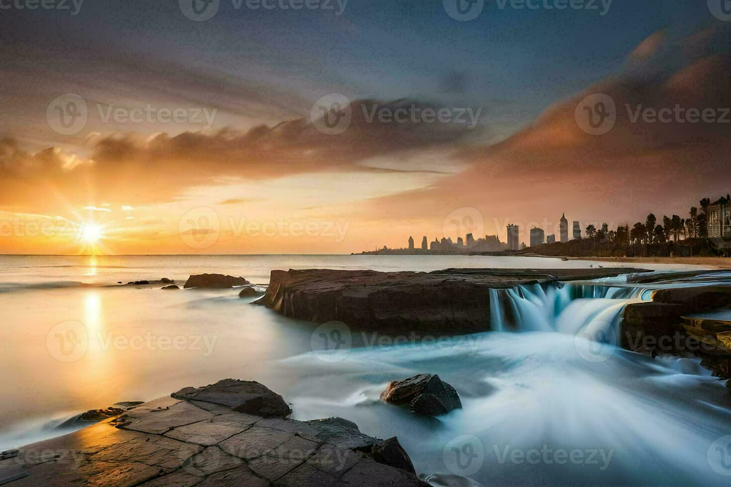the sunrise over the ocean in the background. AI-Generated photo