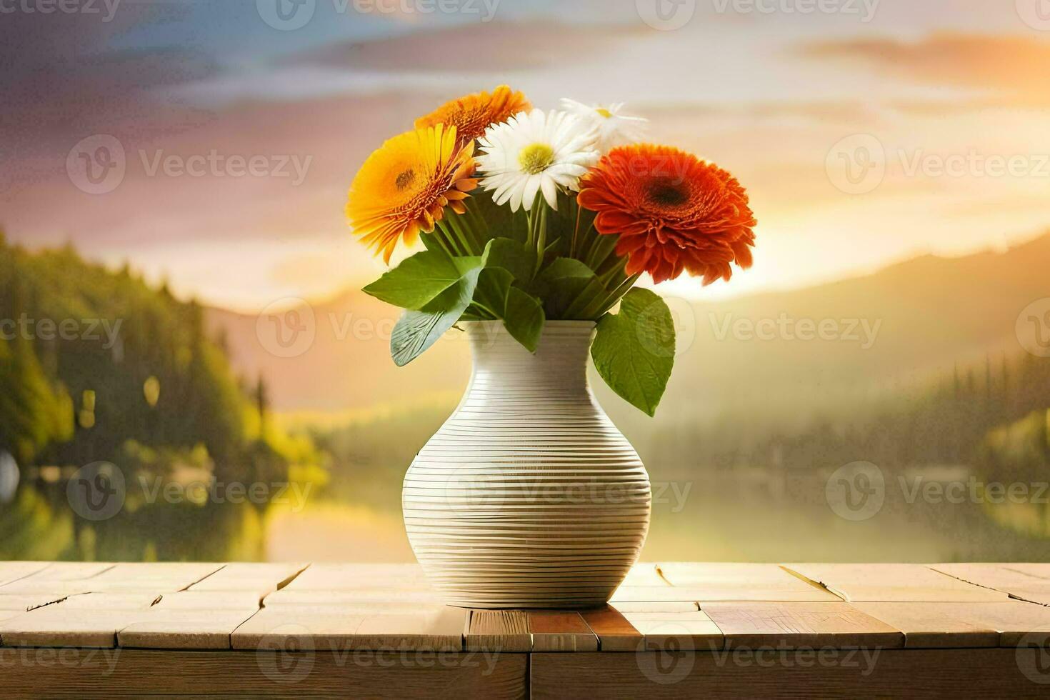 a vase with flowers on a table in front of a lake. AI-Generated photo