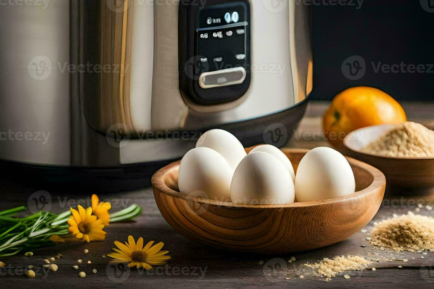 eggs in a bowl next to an electric pressure cooker. AI-Generated photo