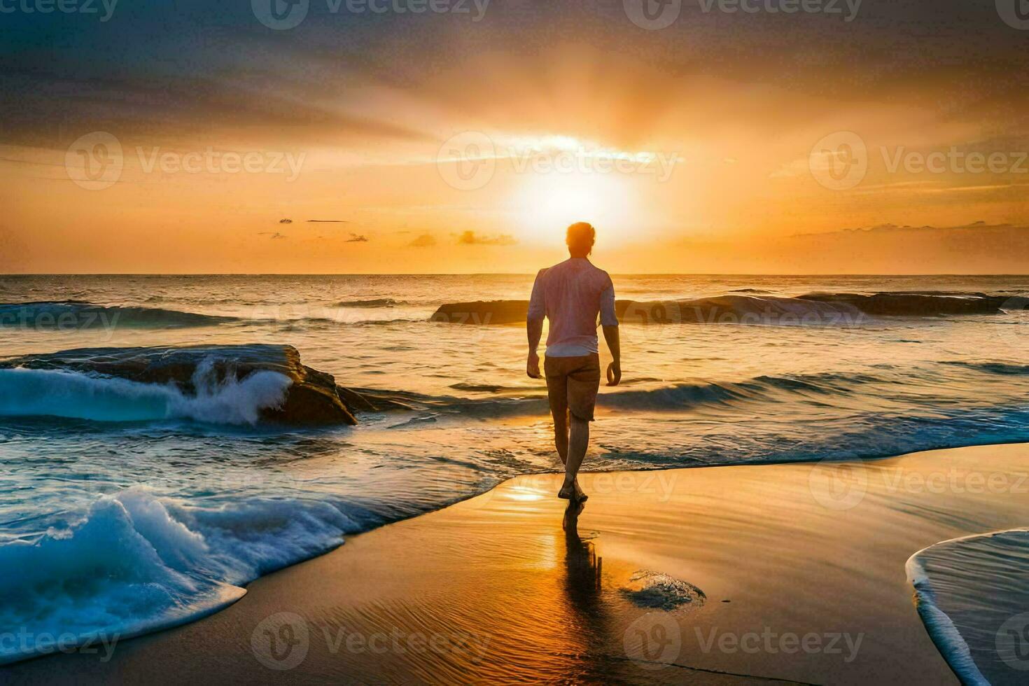 a man walking on the beach at sunset. AI-Generated photo
