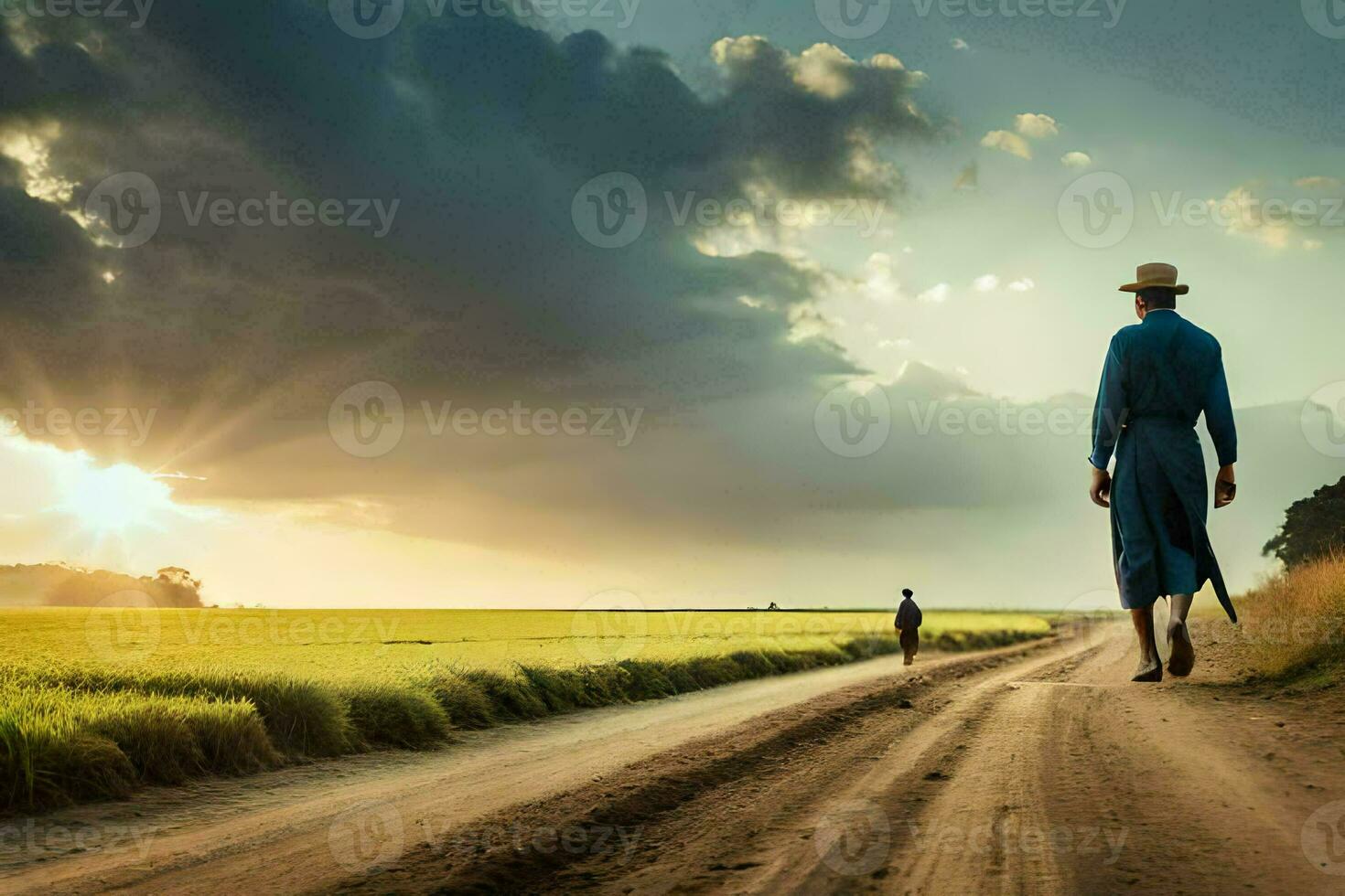 a man walking down a dirt road with a dog. AI-Generated photo