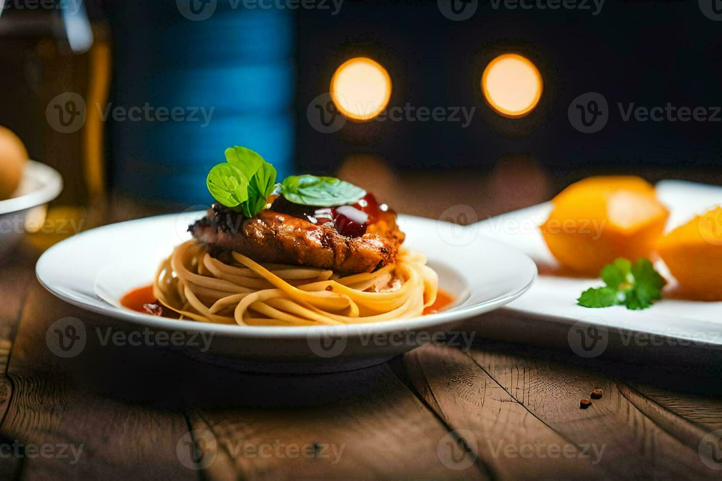 spaghetti with meat and sauce on a plate. AI-Generated photo