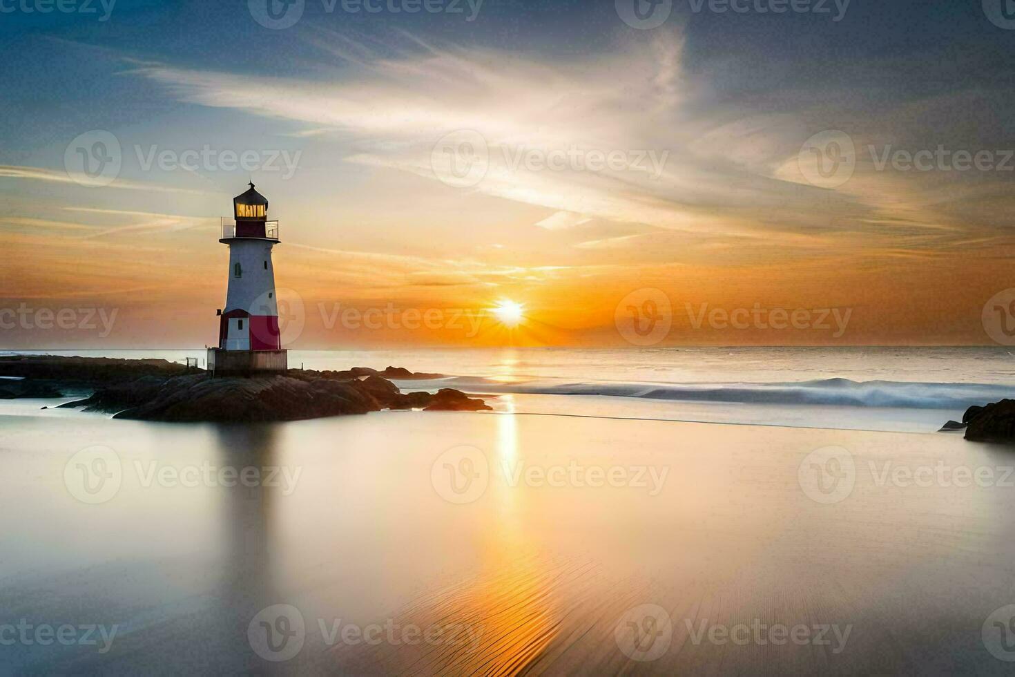 a lighthouse stands on the shore of the ocean at sunset. AI-Generated photo