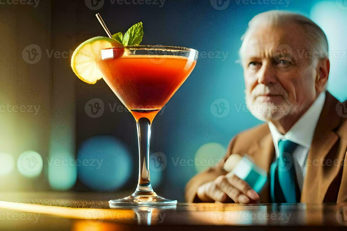 un más viejo hombre sentado a un bar con un cóctel. generado por ai foto