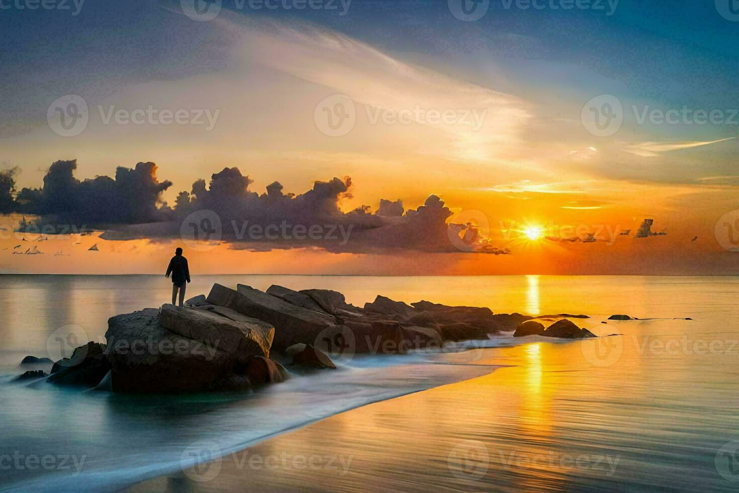un hombre en pie en rocas a el Oceano a puesta de sol. generado por ai foto