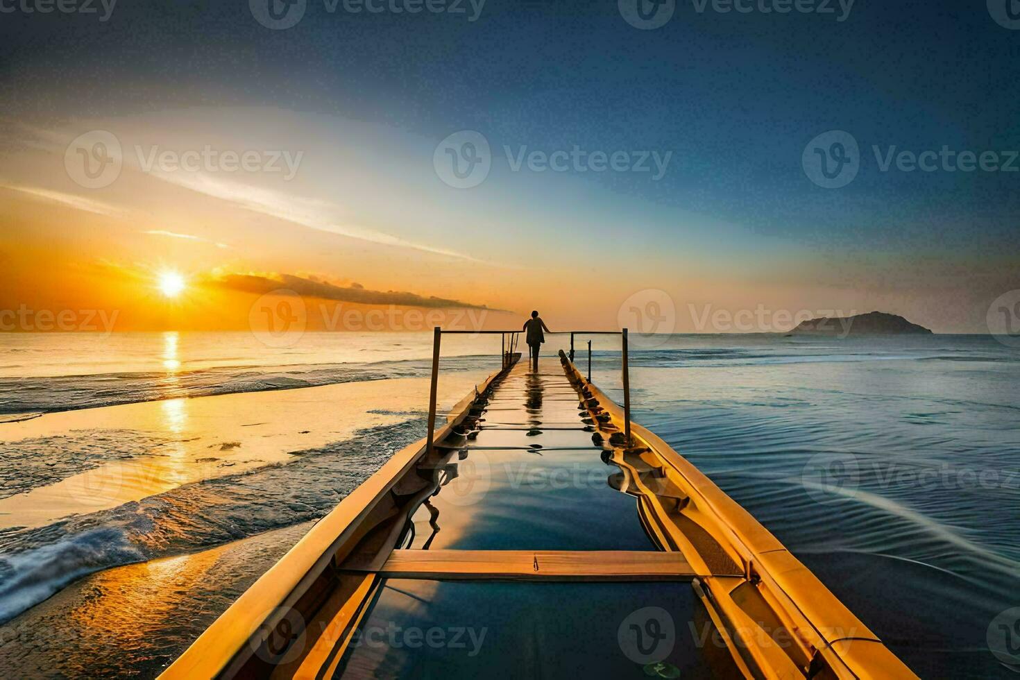 un hombre en pie en un de madera puente a el playa. generado por ai foto