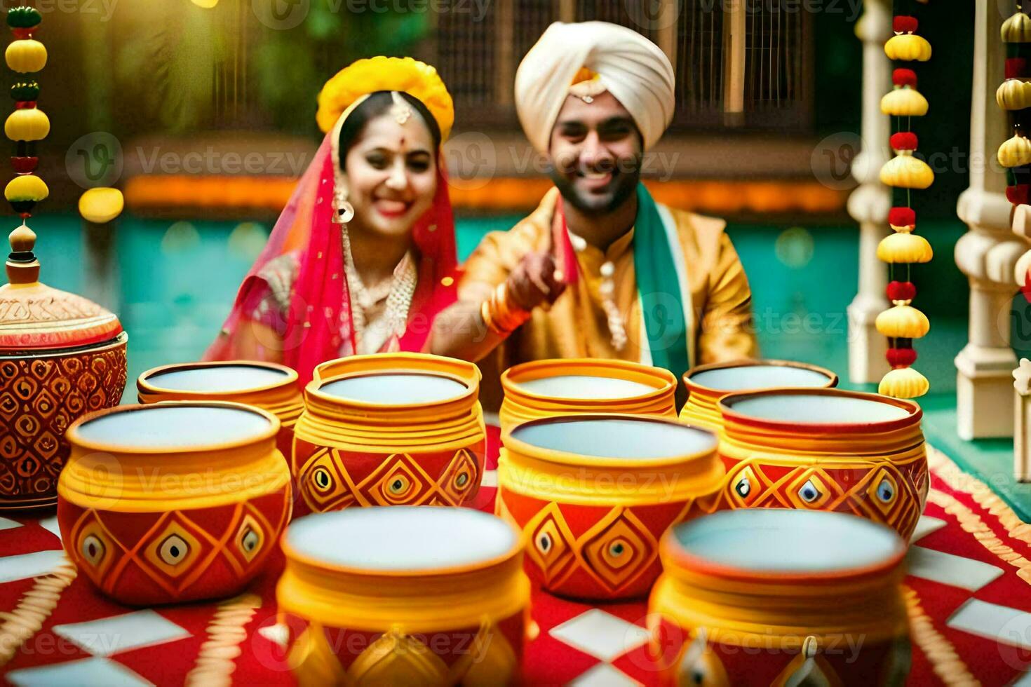 un Pareja en tradicional indio atuendo sentado en un mesa con ollas. generado por ai foto