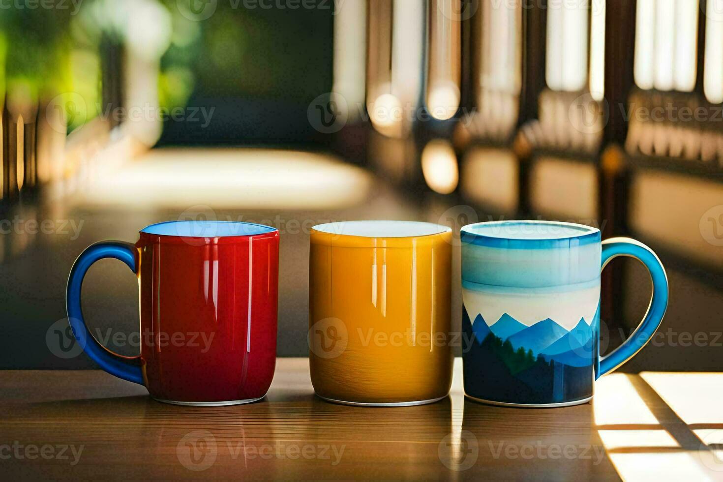 three colorful mugs sitting on a wooden table. AI-Generated photo