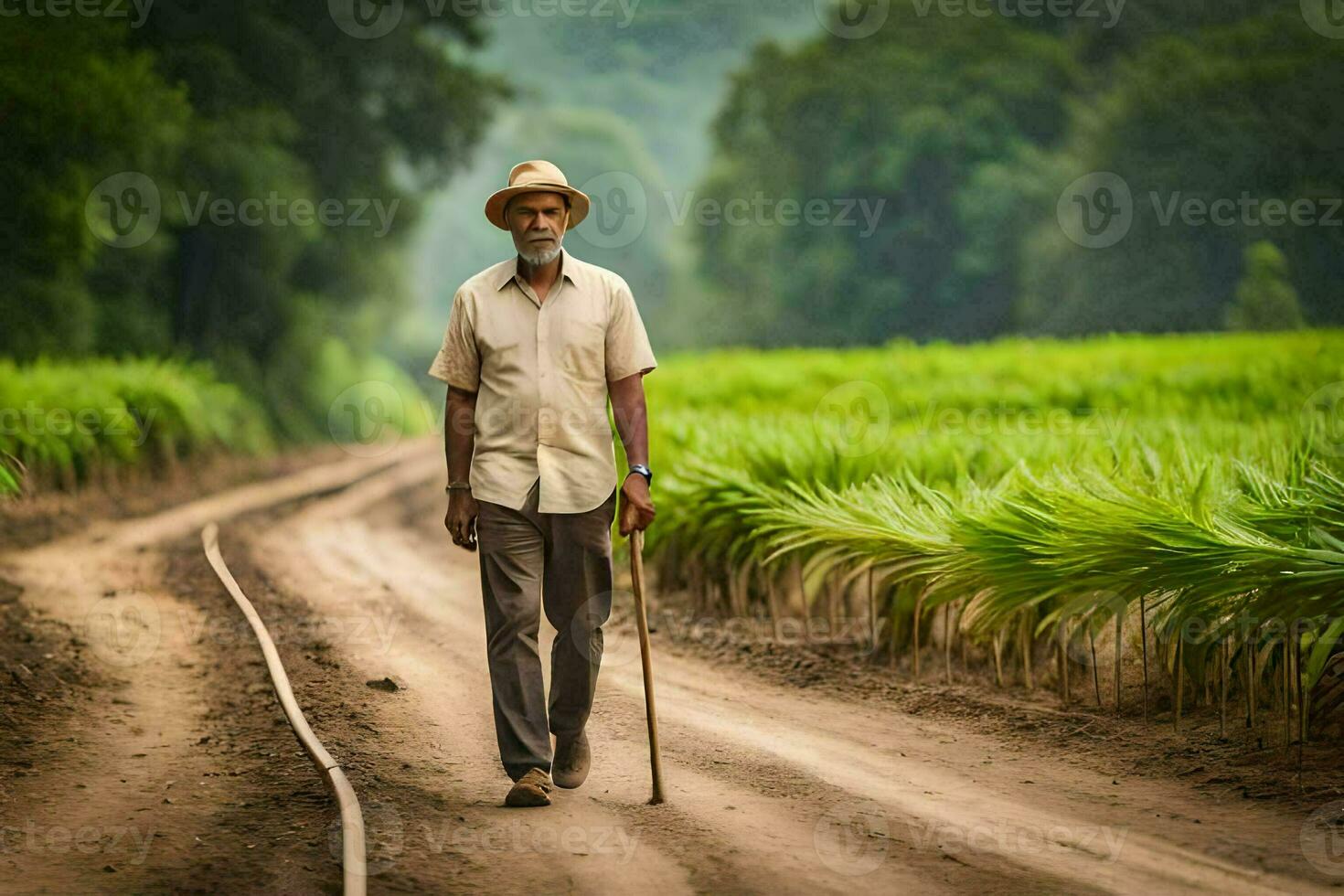 an old man walking down a dirt road in the middle of a field. AI-Generated photo