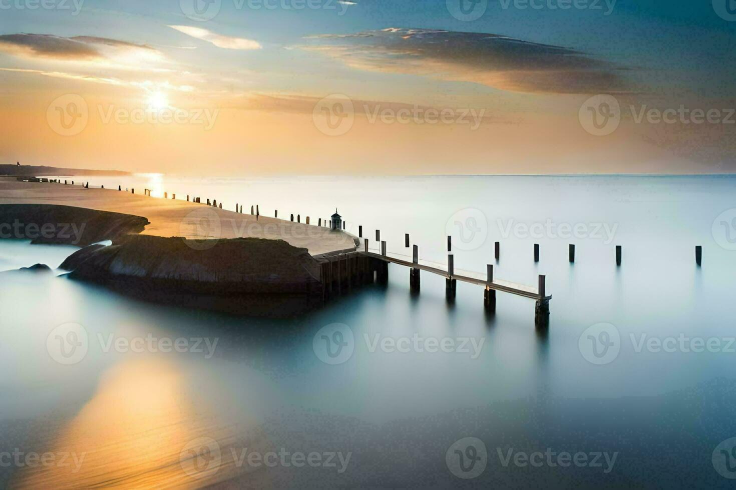 a long exposure photograph of a pier in the ocean. AI-Generated photo