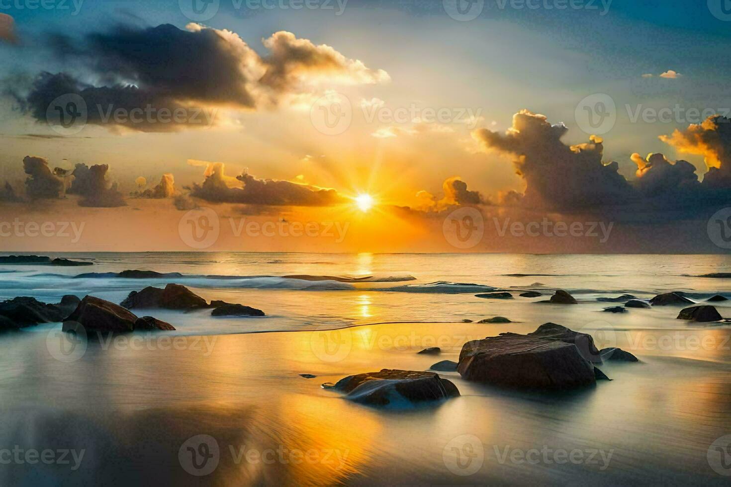 the sun rises over the ocean and rocks on the beach. AI-Generated photo