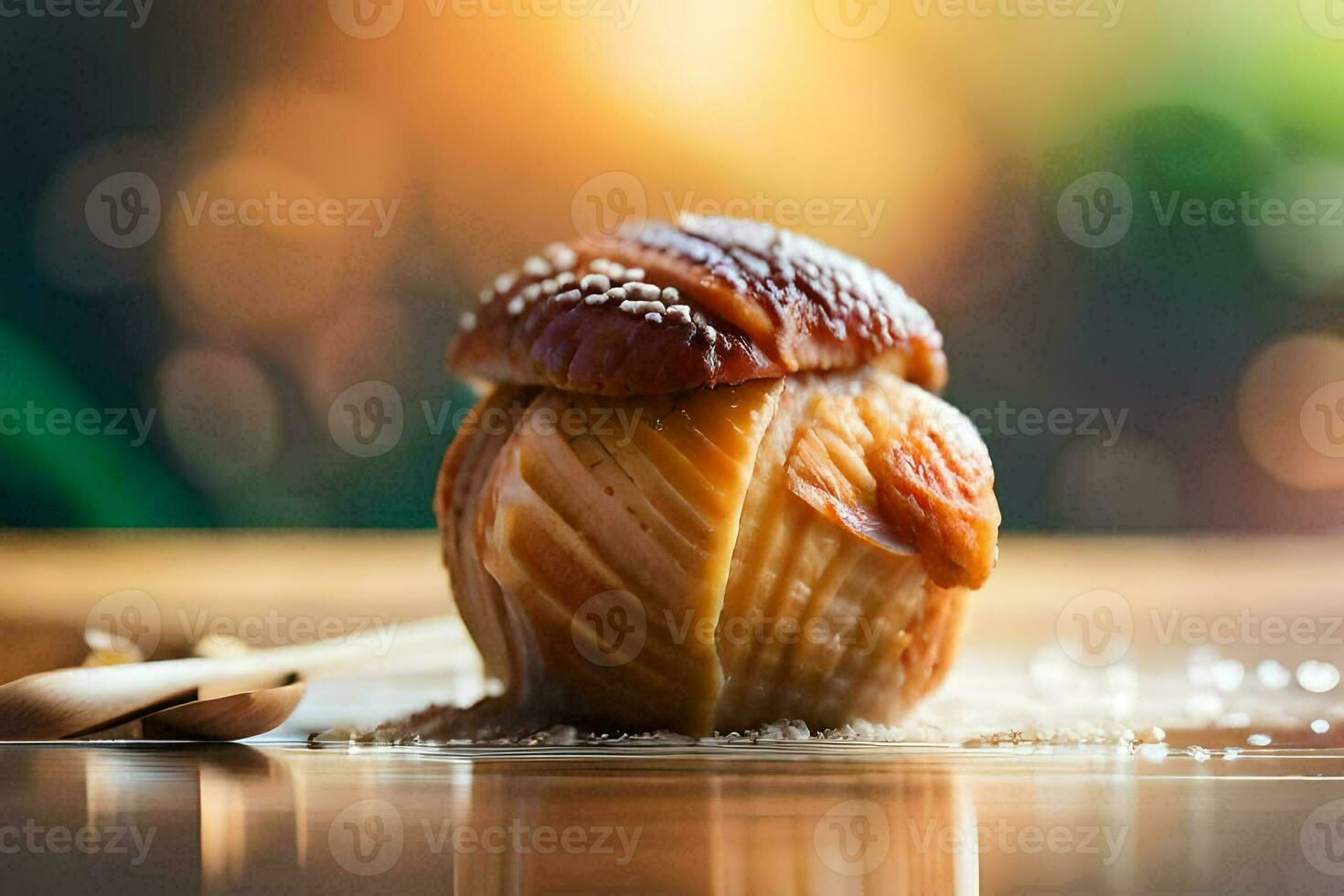 a pastry on a wooden table with a wooden spoon. AI-Generated photo