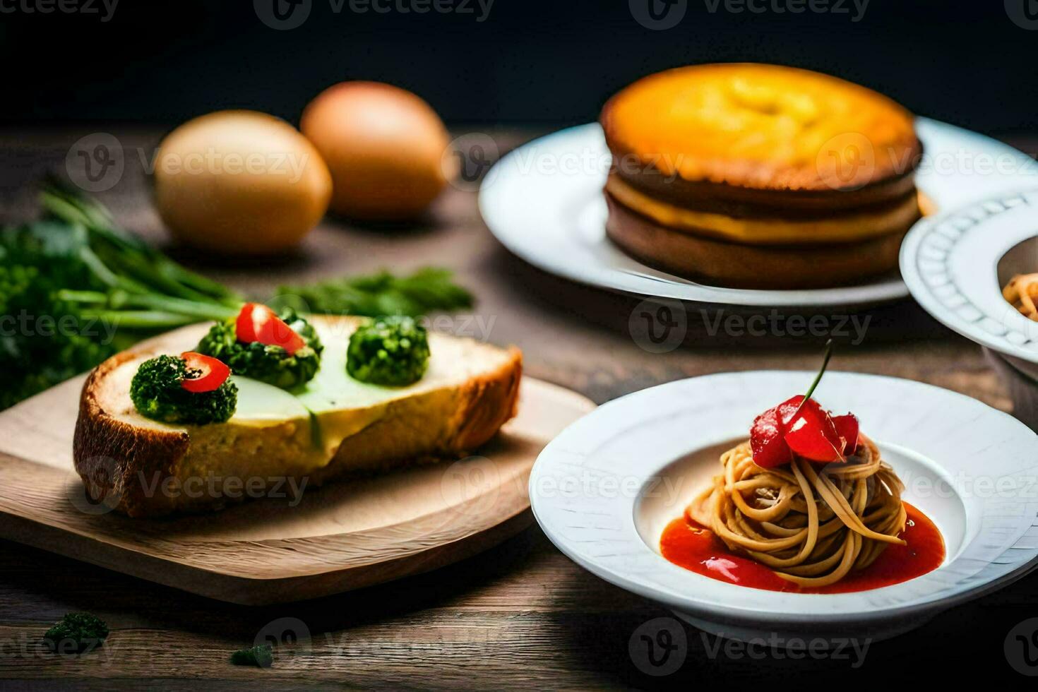 a table with pasta, eggs, and other food. AI-Generated photo