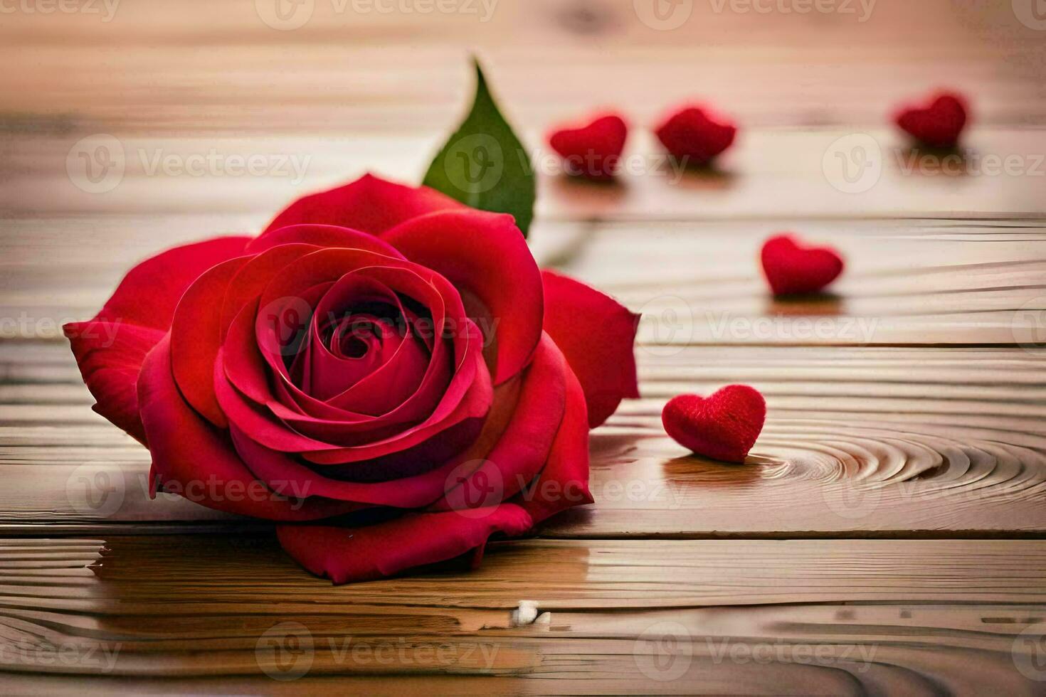 a red rose on a wooden table with hearts. AI-Generated photo