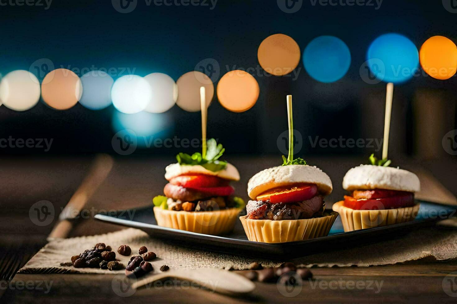 miniature appetizers on a black plate with toothpicks. AI-Generated photo