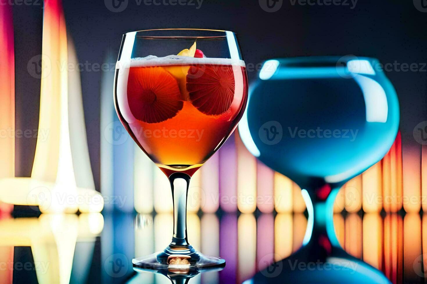 two glasses of wine with colorful lights behind them. AI-Generated photo