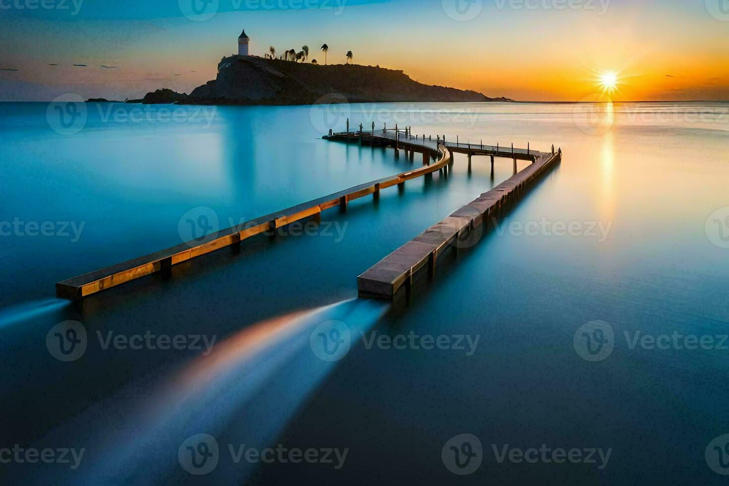 un largo exposición fotografía de un muelle a puesta de sol. generado por ai foto