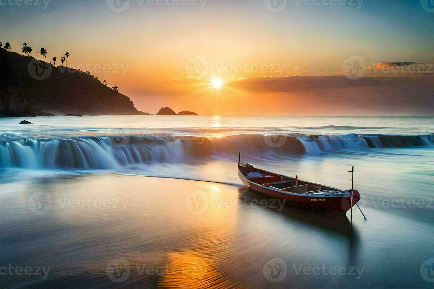 the boat is in the water at sunset. AI-Generated photo