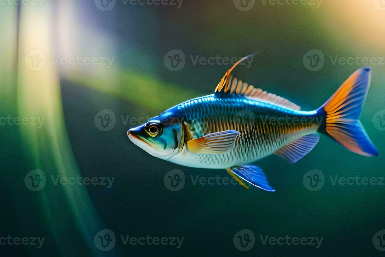 un pescado con azul y naranja rayas nadando en el agua. generado por ai foto