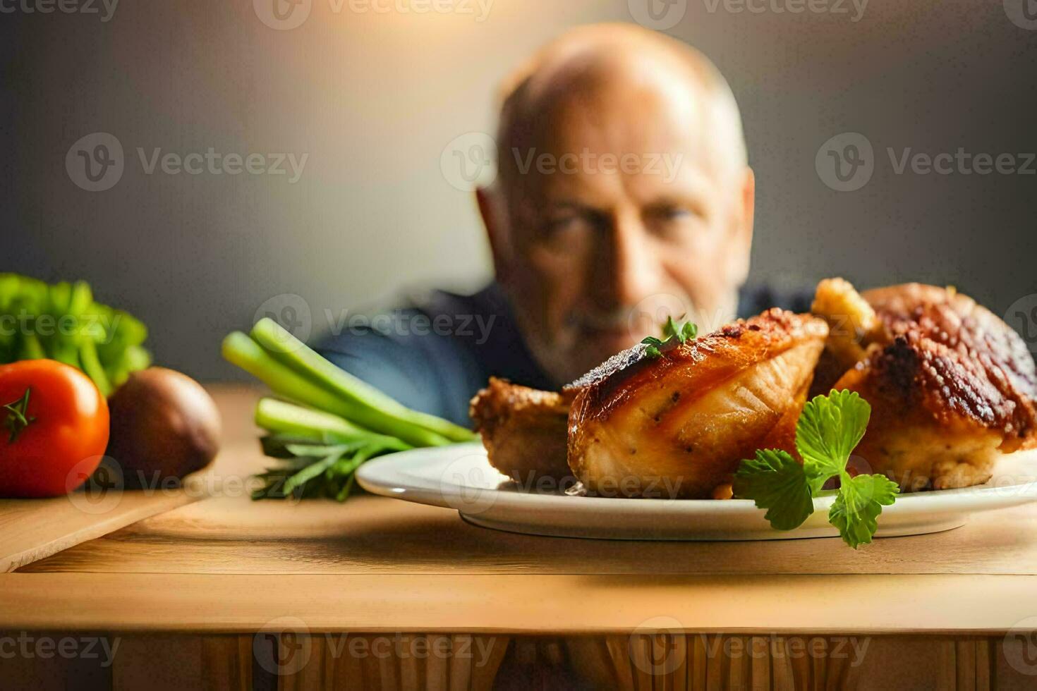 an older man is looking at a plate of chicken. AI-Generated photo