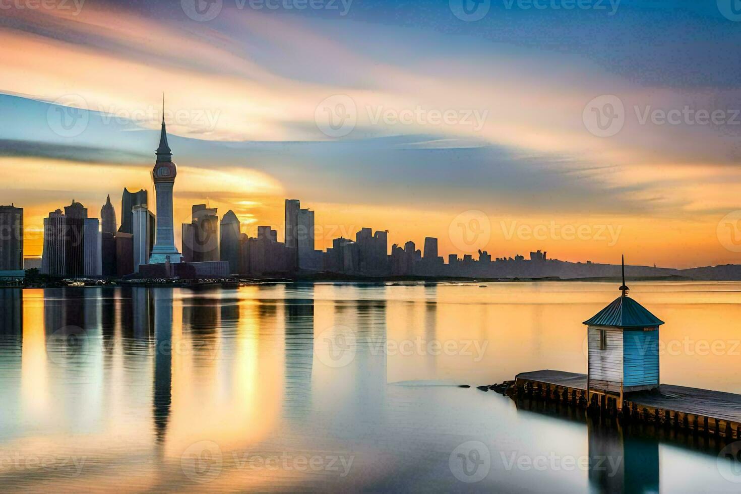the city skyline is reflected in the water at sunset. AI-Generated photo
