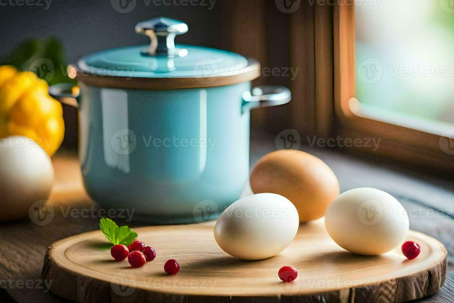 eggs and a blue pot on a wooden table. AI-Generated photo