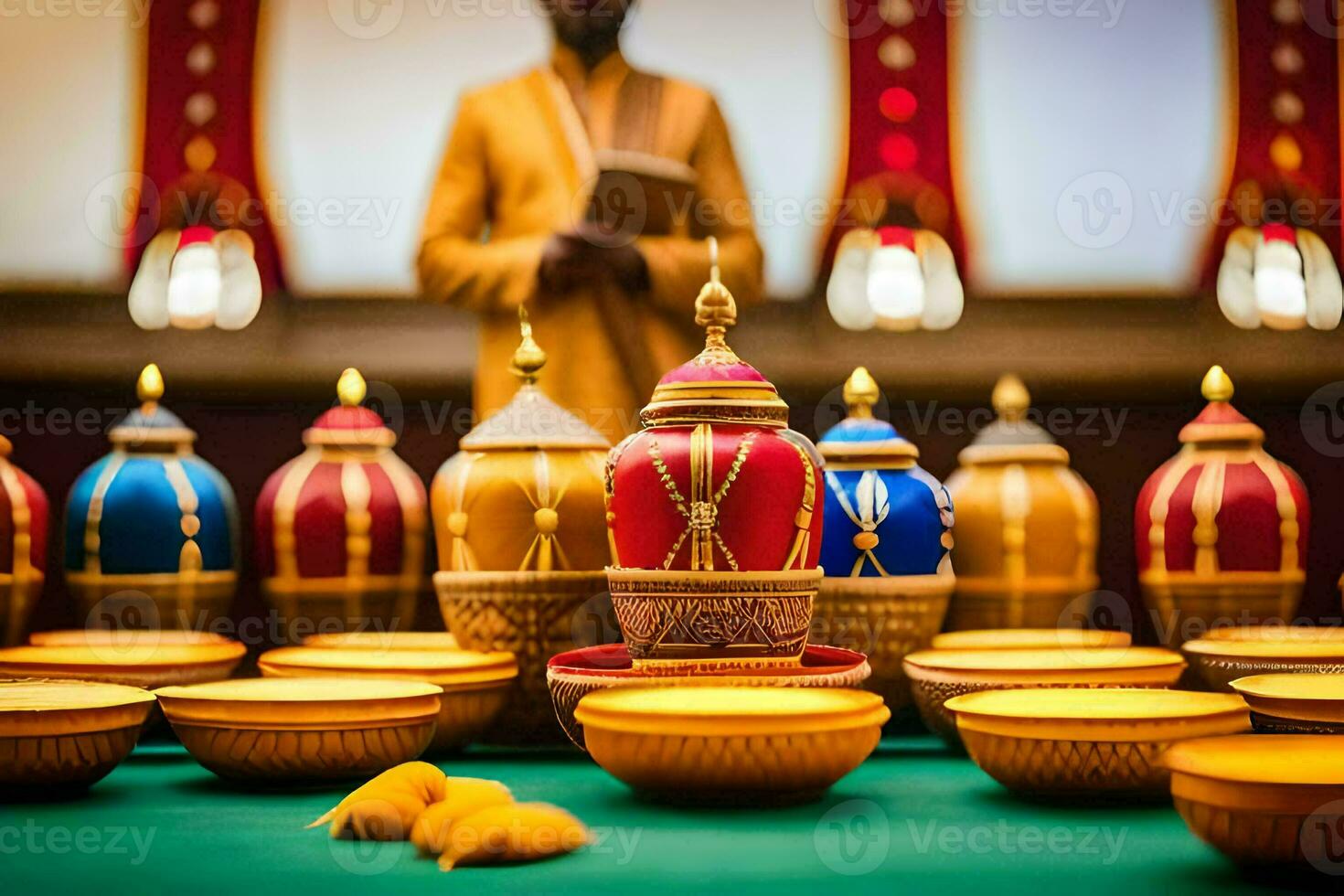 a man in a yellow robe is standing in front of a table with many colorful bowls. AI-Generated photo