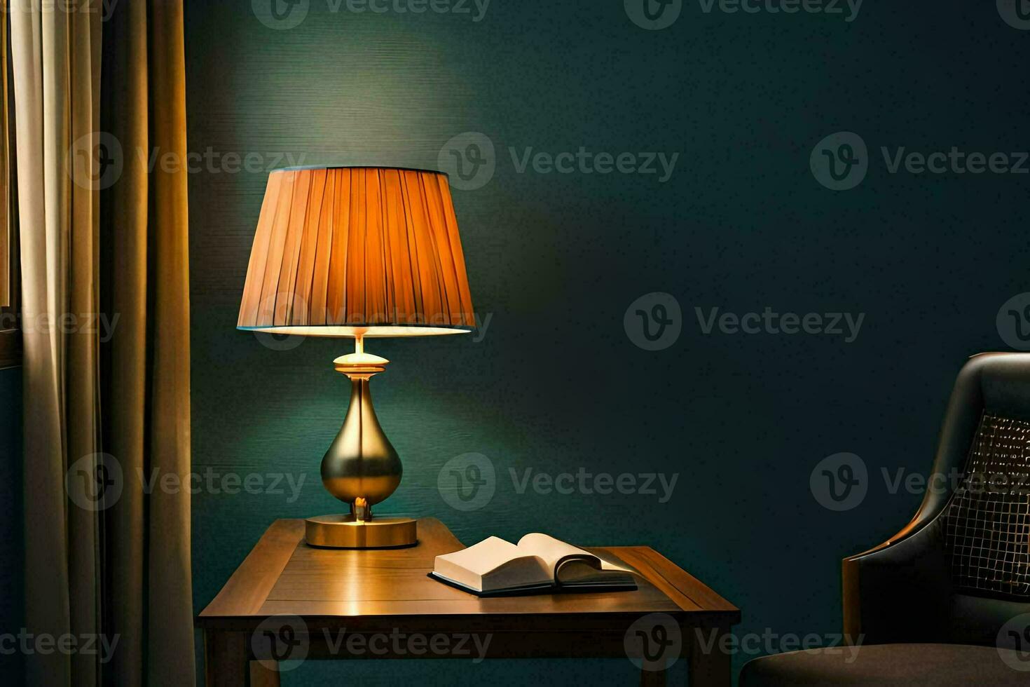 a lamp sits on a table next to a book. AI-Generated photo