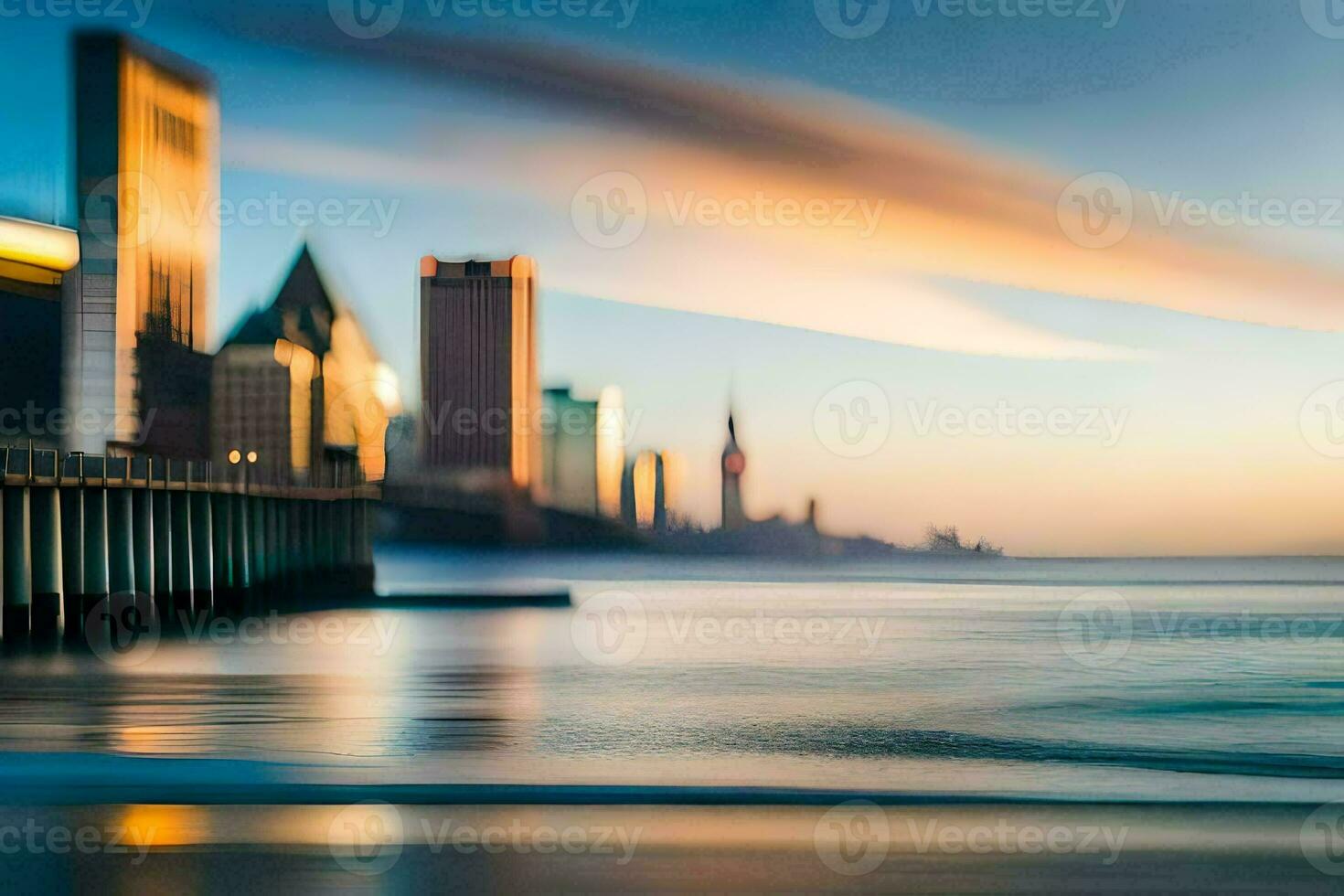 a blurry image of a city skyline at sunset. AI-Generated photo