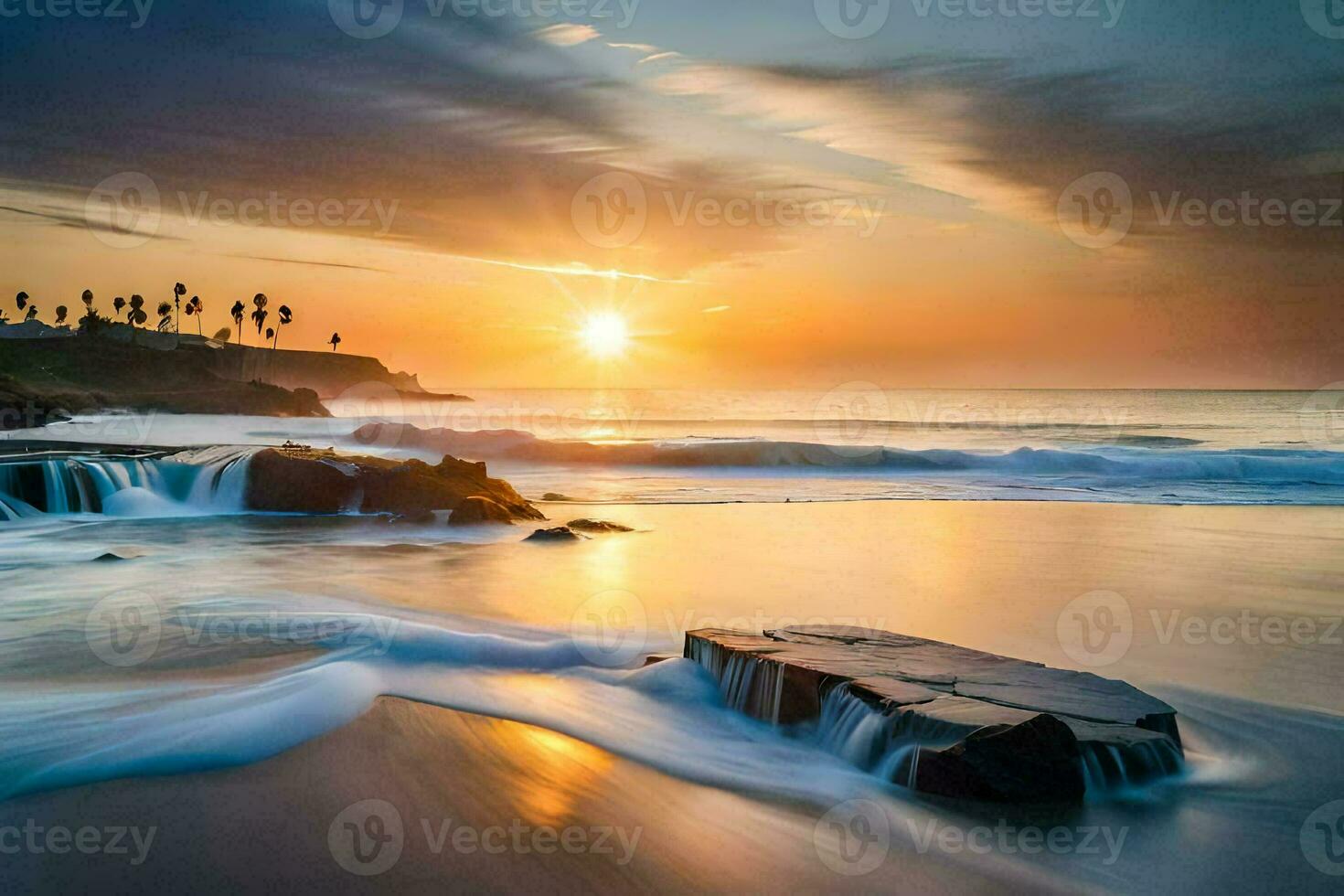 a beautiful sunset over the ocean with waves crashing into the shore. AI-Generated photo