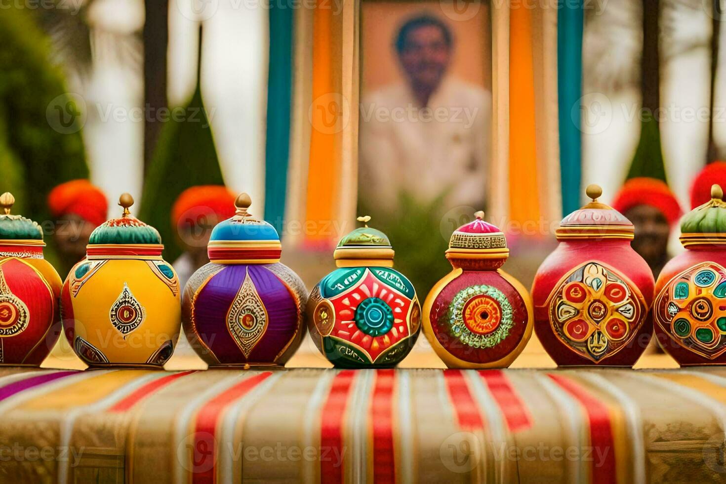 colorful vases lined up on a table. AI-Generated photo