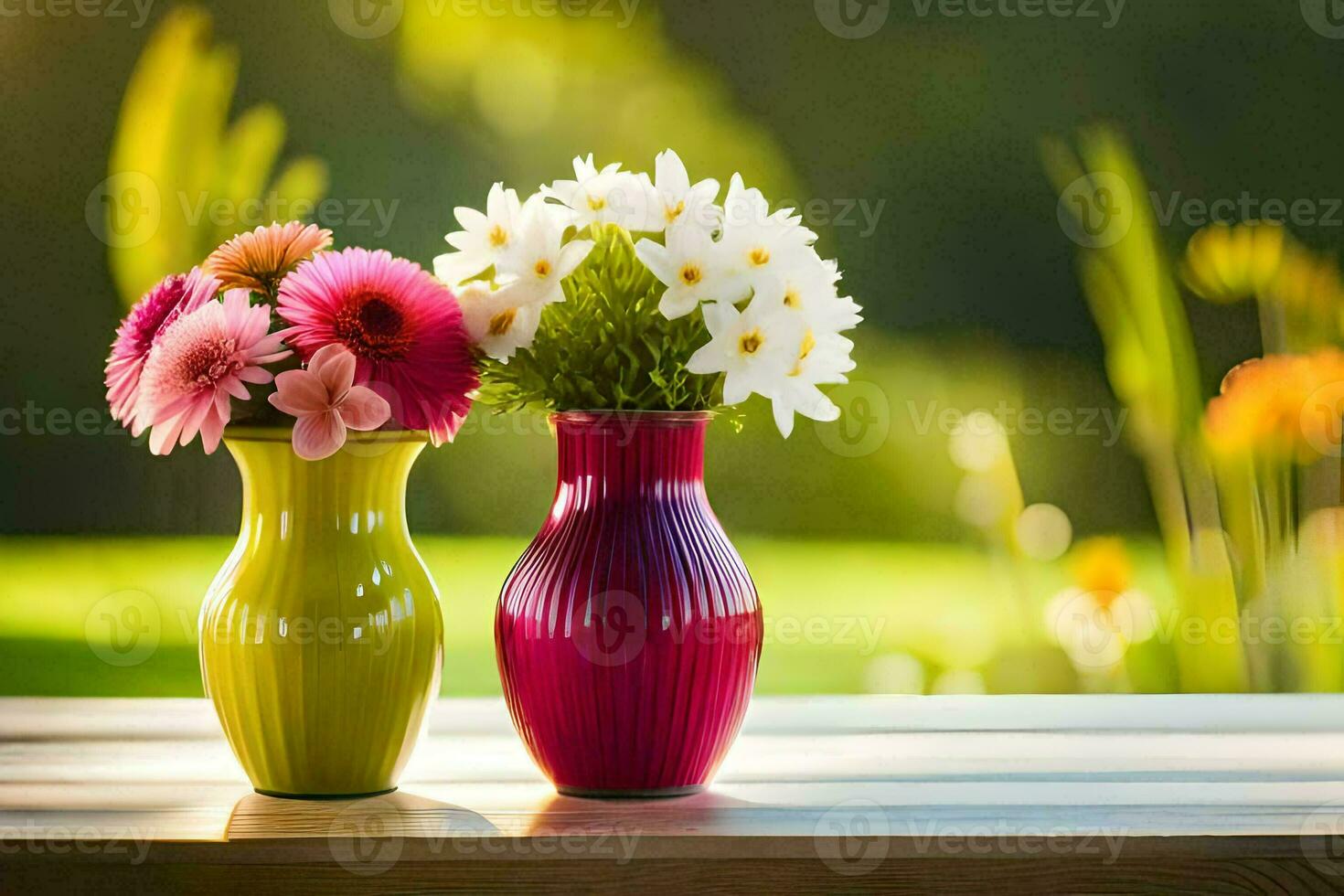 two colorful vases with flowers on a table. AI-Generated photo