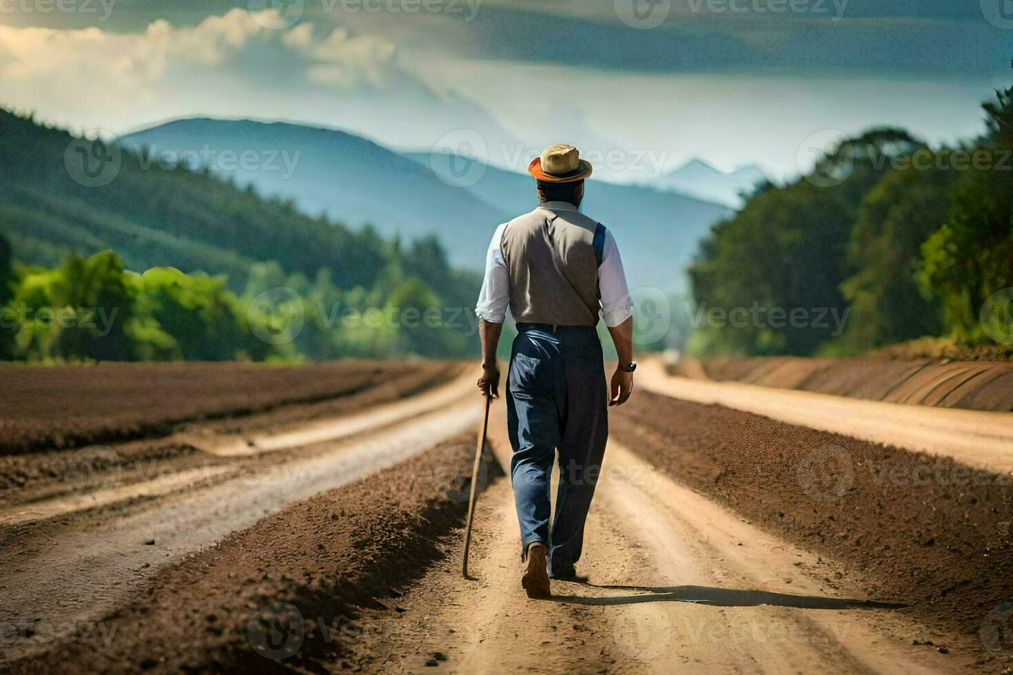 a man walking down a dirt road with a cane. AI-Generated photo