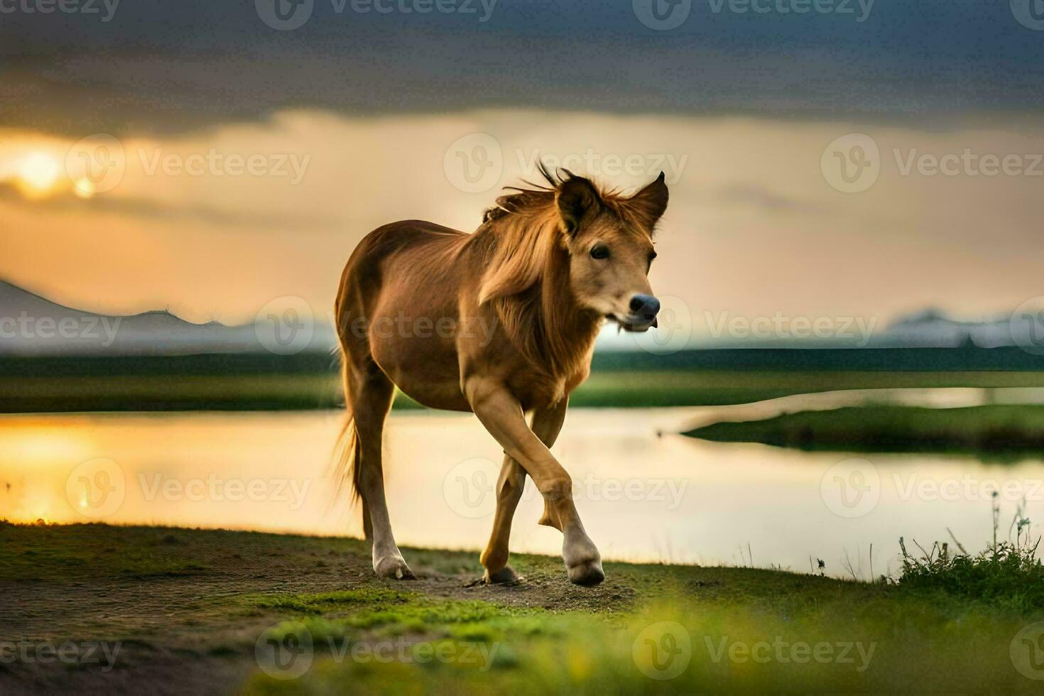 un caballo caminando a lo largo un camino cerca un lago. generado por ai foto