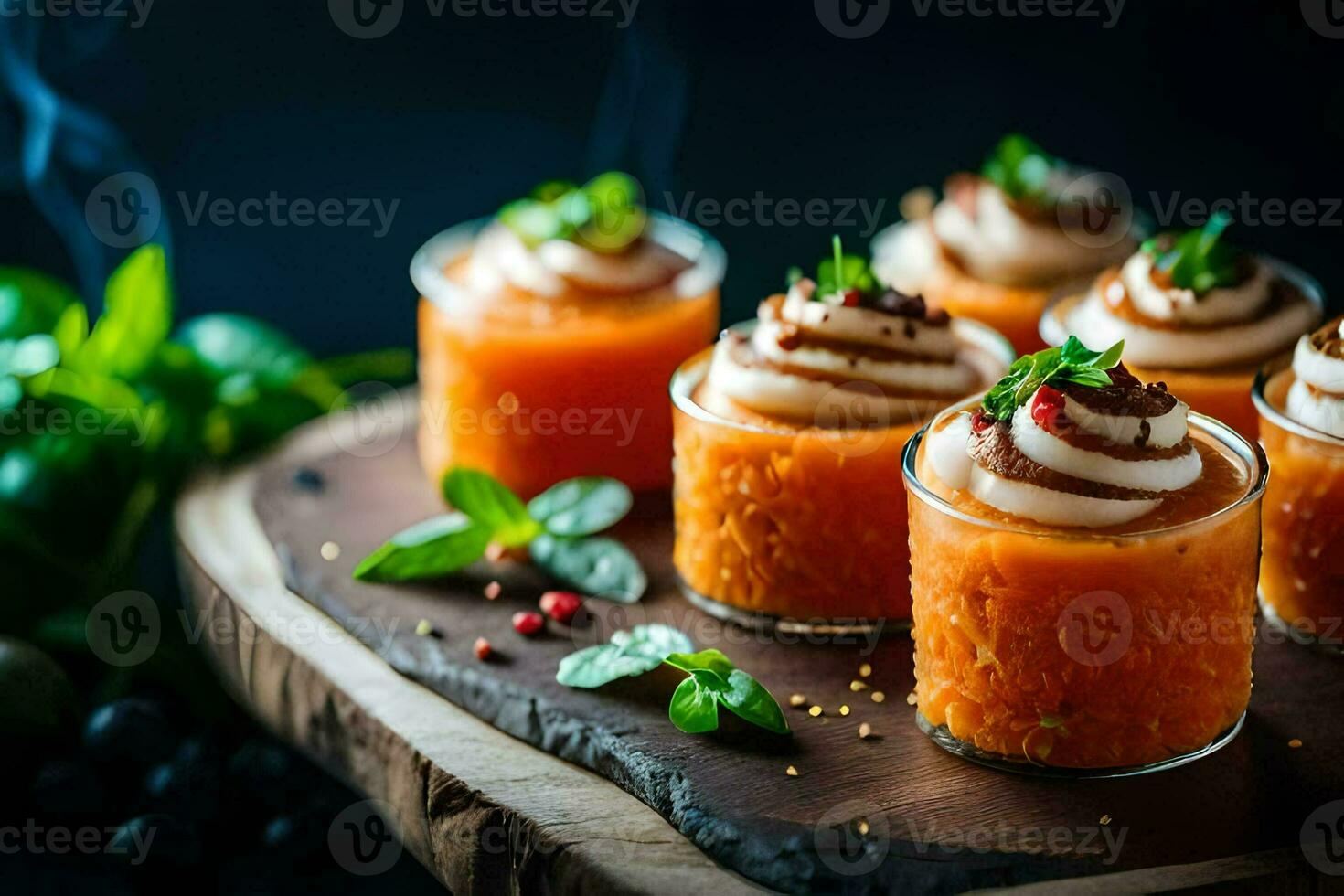 small cups with carrot cake on a wooden board. AI-Generated photo
