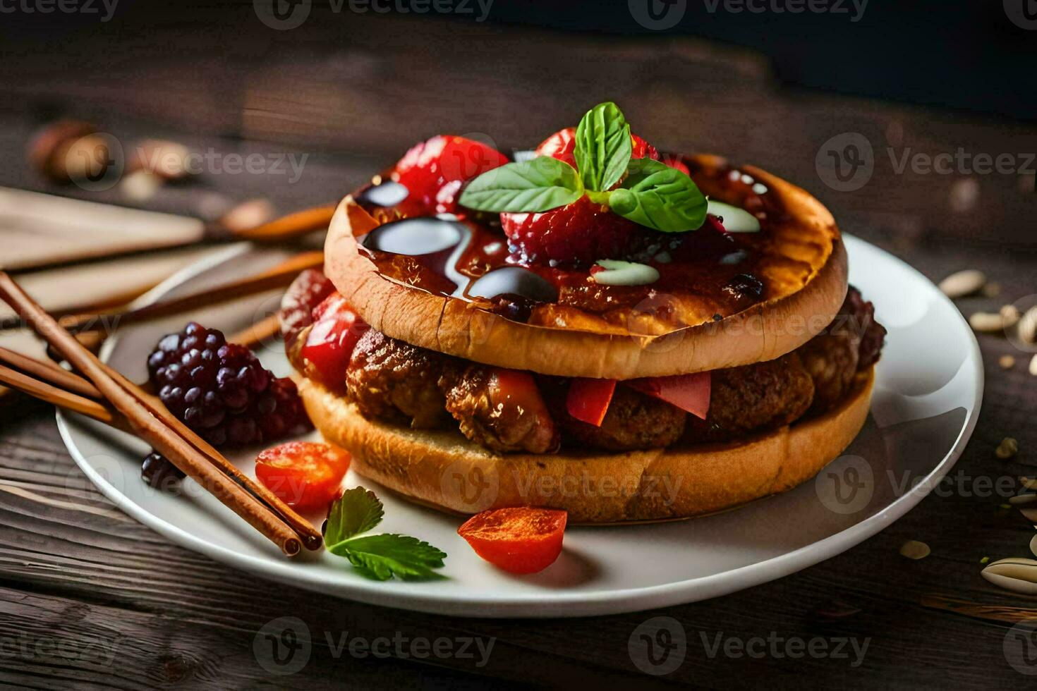 a hamburger with berries and mint on a plate. AI-Generated photo
