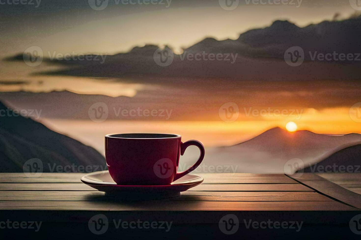 Hot coffee mug on table with high mountain view in the morning. Ai  generated 31708803 Stock Photo at Vecteezy