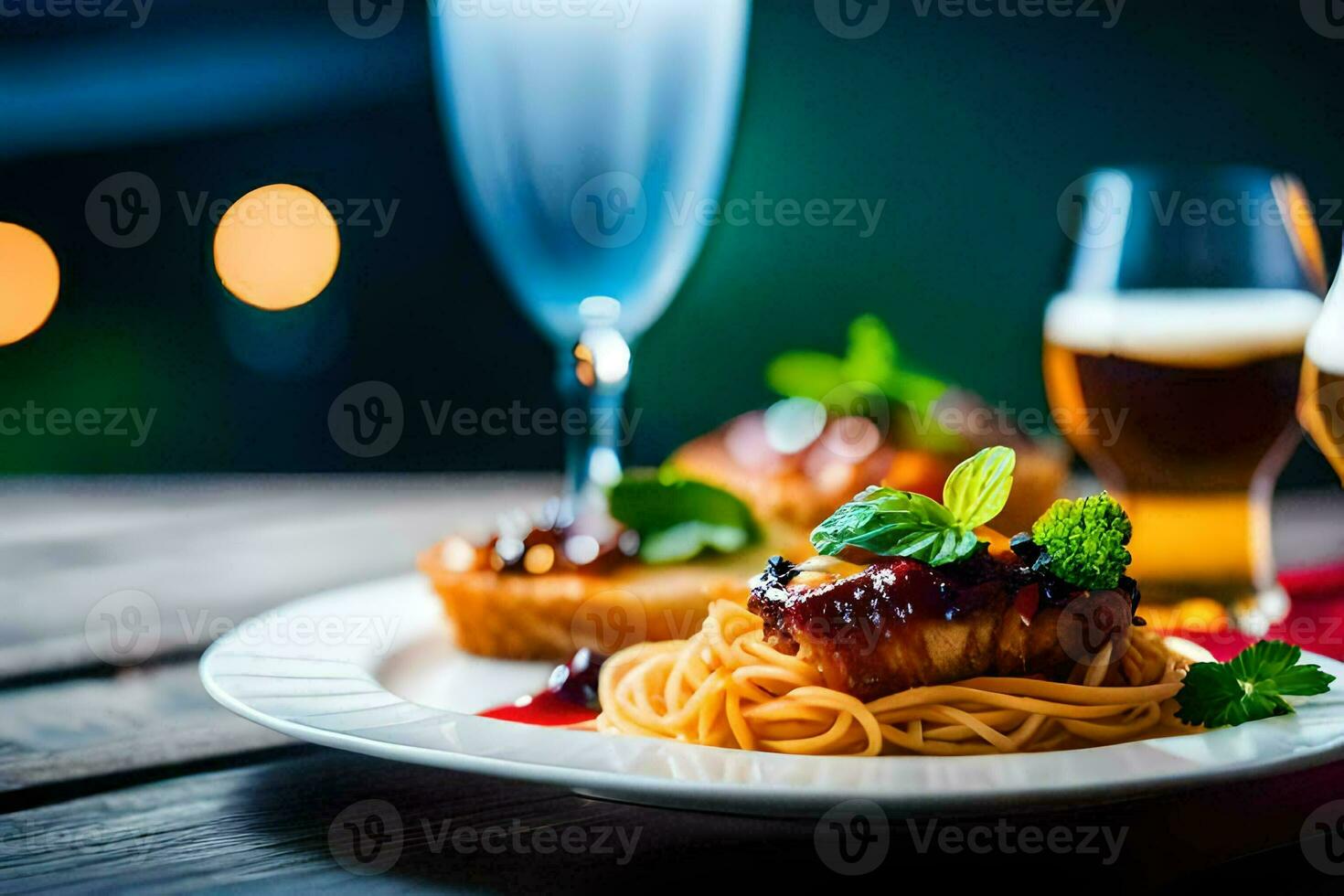 a plate of food with spaghetti and wine glasses. AI-Generated photo