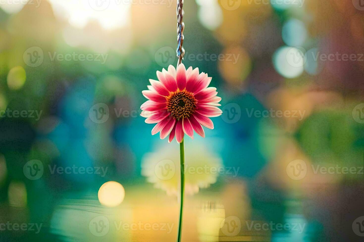 a pink flower hanging from a chain in the water. AI-Generated photo