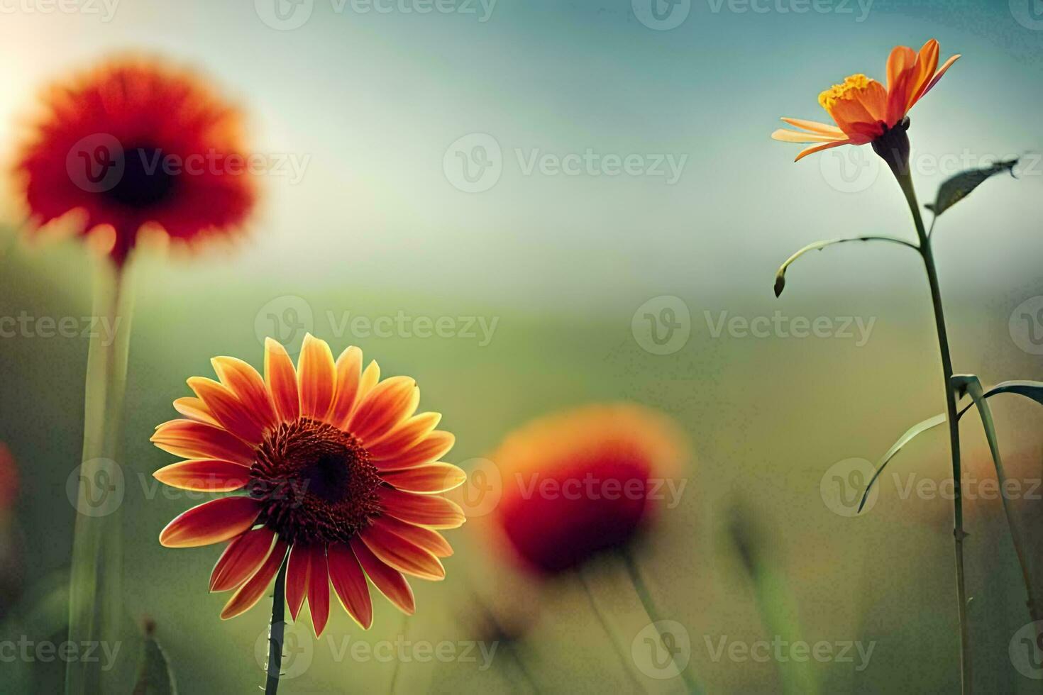 flowers, orange, sun, field, field of flowers, field, flowers, field,. AI-Generated photo