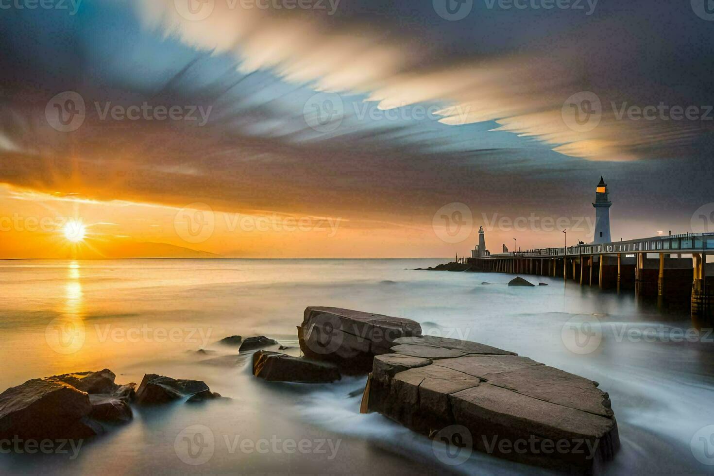 a lighthouse is seen in the sunset with rocks and water. AI-Generated photo
