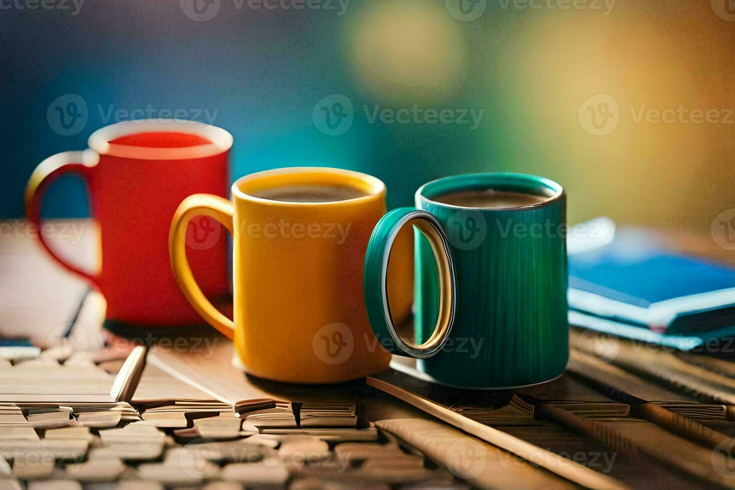 two colorful coffee mugs sit on a wooden table. AI-Generated photo