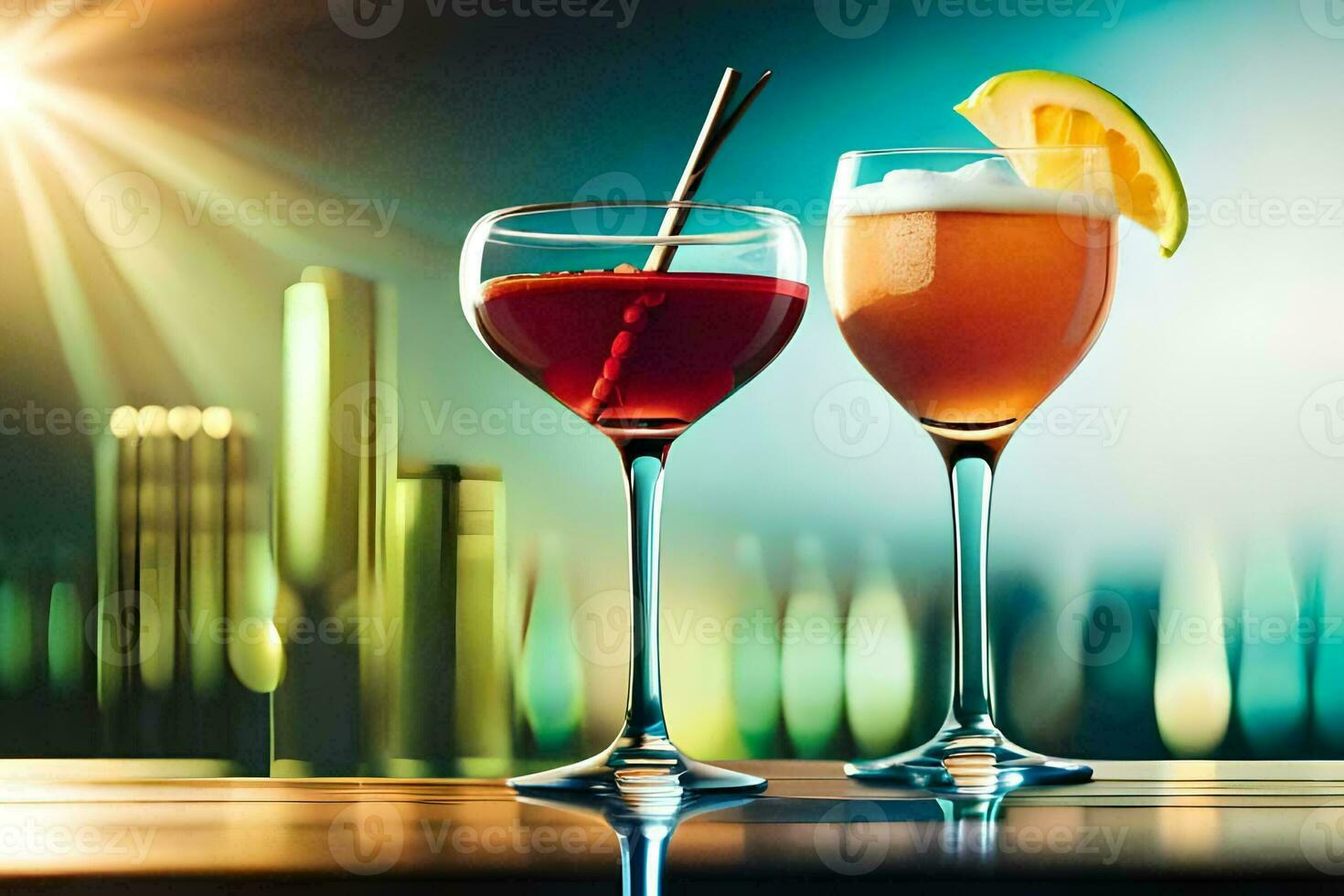 two glasses of alcohol with a slice of lemon. AI-Generated photo