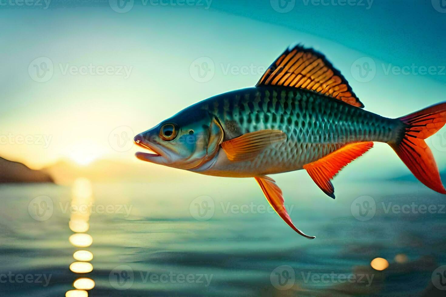 a fish is flying over the water at sunset. AI-Generated photo