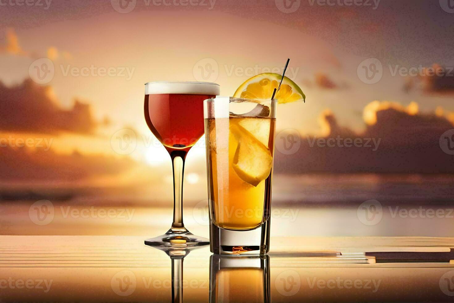 two glasses of alcohol and a lemon slice on a table. AI-Generated photo