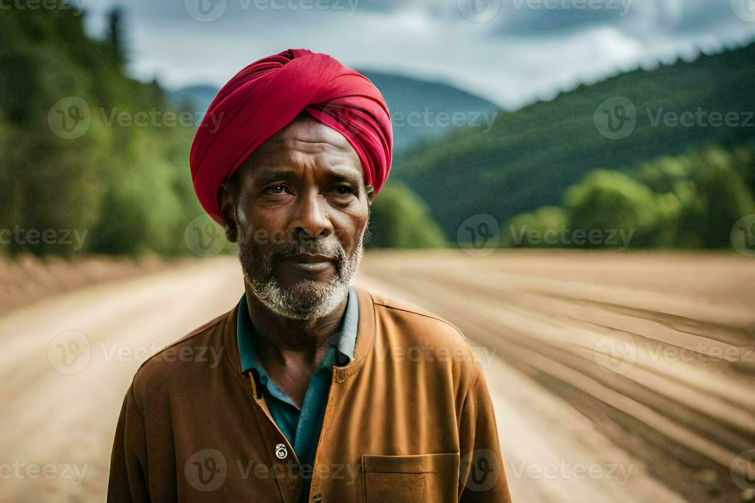 un africano hombre vistiendo un rojo turbante soportes en un suciedad la  carretera. generado por ai 30874077 Foto de stock en Vecteezy