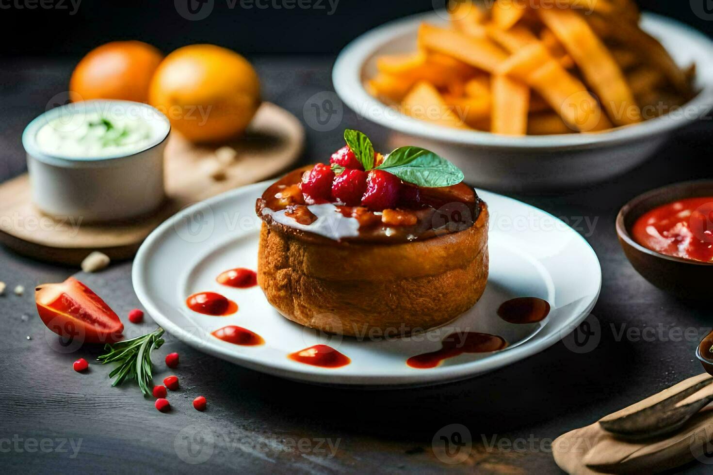 a plate with a pastry and fries on it. AI-Generated photo