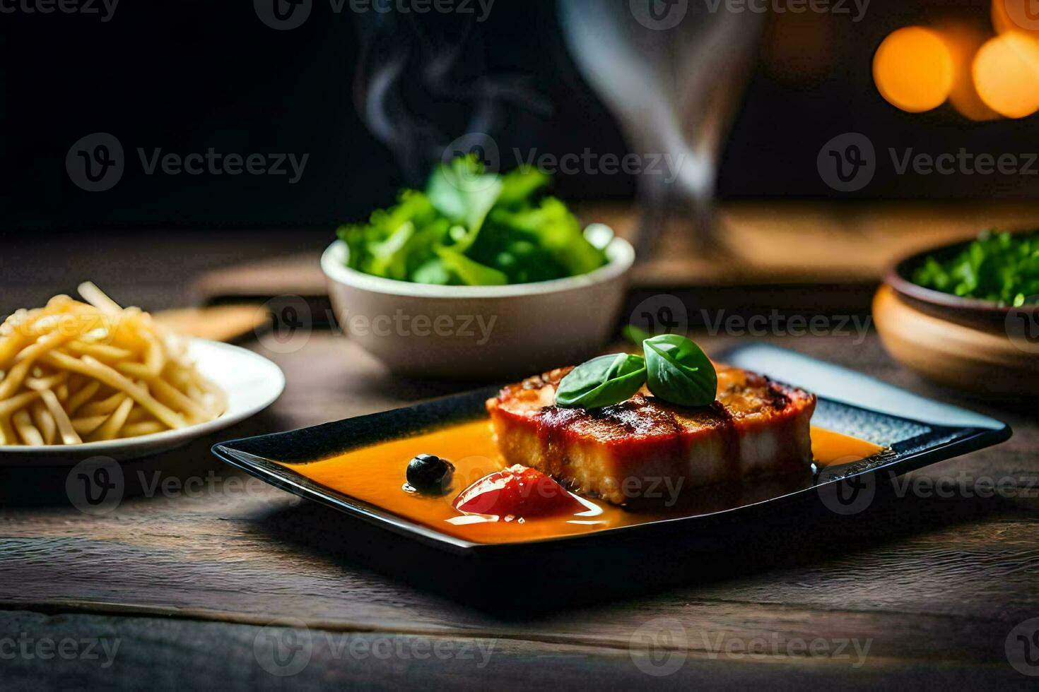 a plate of food with meat and vegetables. AI-Generated photo